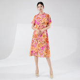 HEYFANCYSTYLE Designer Floral Plisse Midi Dress Elegant Japanese Pleat